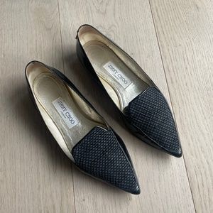 Jimmy Choo Pointed Black Leather Woven Flats, IT 36, US 5, Womens Slip On Loafer